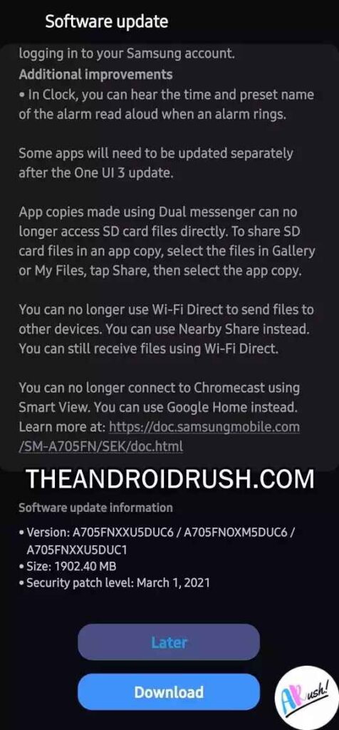 Samsung Galaxy A70 Android 11 Update Screenshot - The Android Rush