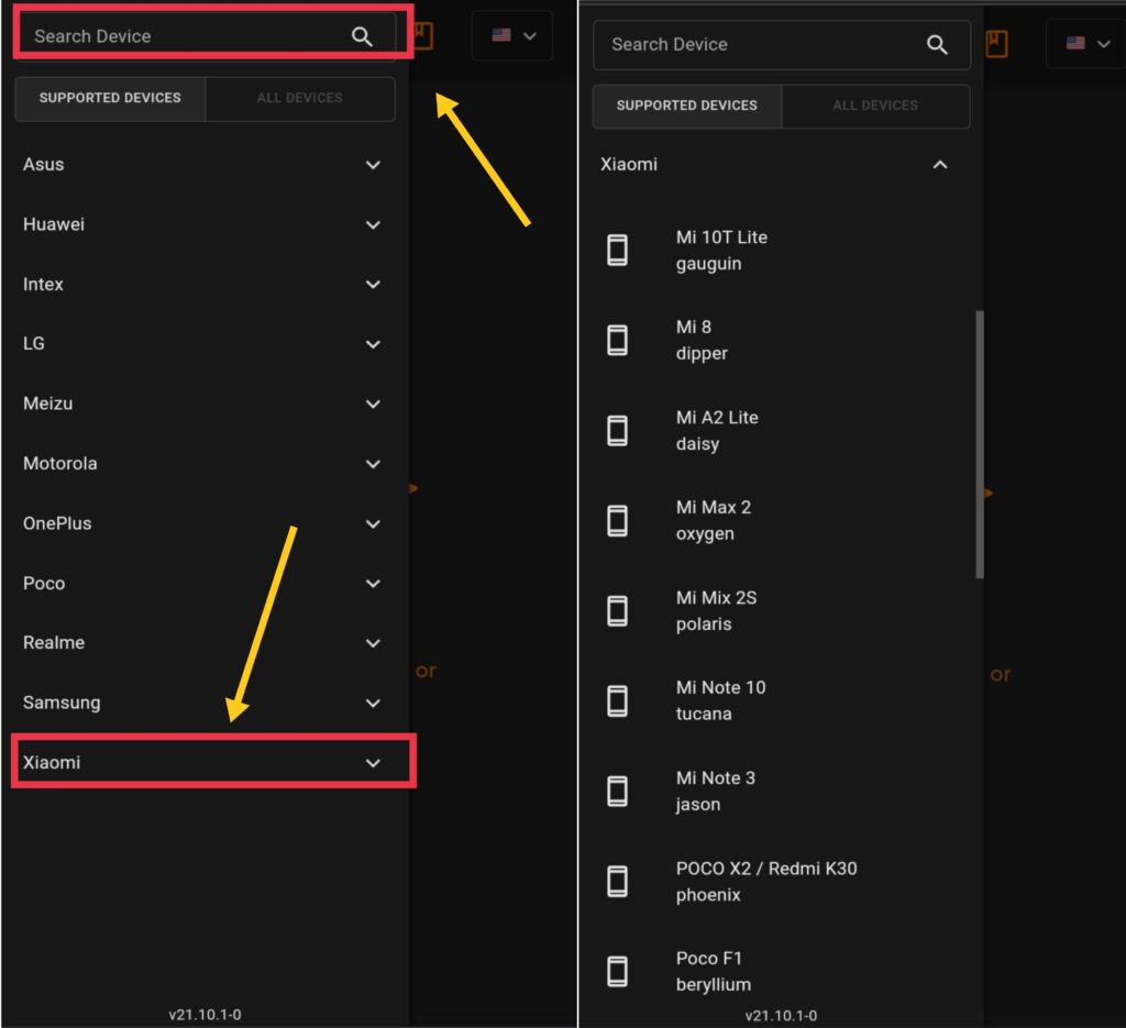 Either search or select your device model under Xiaomi menu.